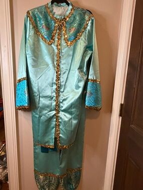 Vintage Mardi Gras Costume Turquoise Blue Brocade Gold Sequin Tunic Pants Set